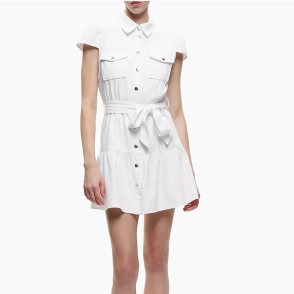 Alice + Olivia Miranda Denim Dress Size 14 Snap Front Short Sleeve Tie Waist NWT - Picture 1 of 9
